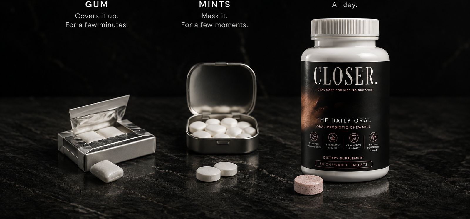 Chewing gum, a tin of mints and a bottle of CLOSER. The Daily Oral on a dark marble surface