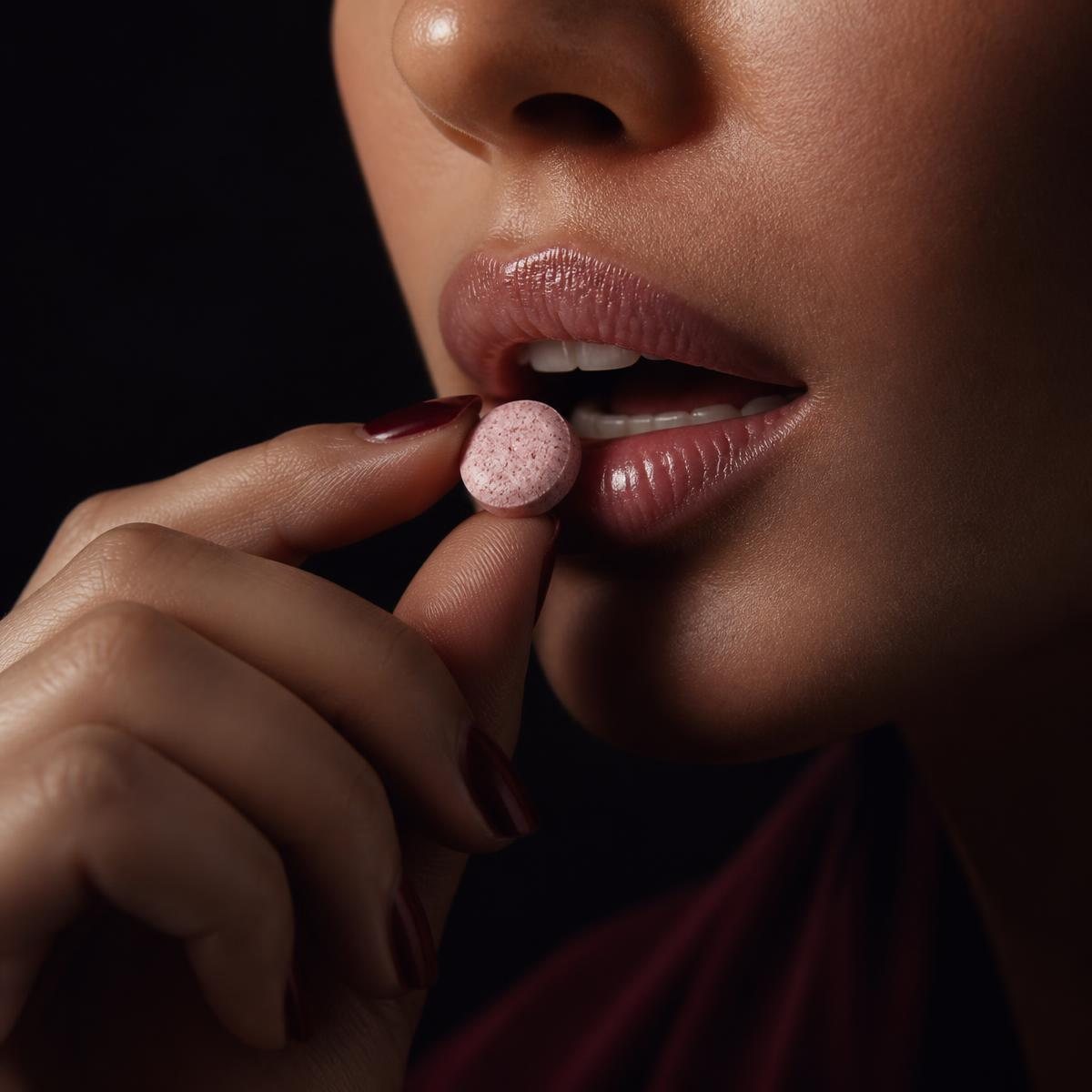 Close crop of parted lips with a CLOSER. chewable held between fingertips