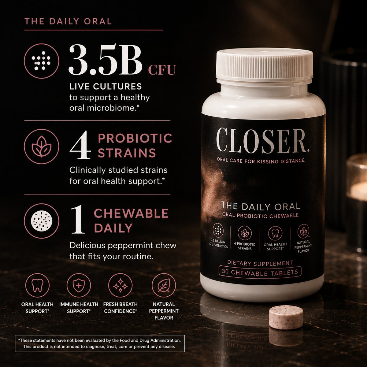 3.5 billion CFU, four probiotic strains, one chewable daily